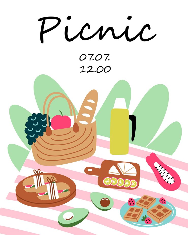 Vector tarjeta de invitación de picnic composición de dibujos animados con manta y canasta de mimbre tarjeta postal de escena de glamping