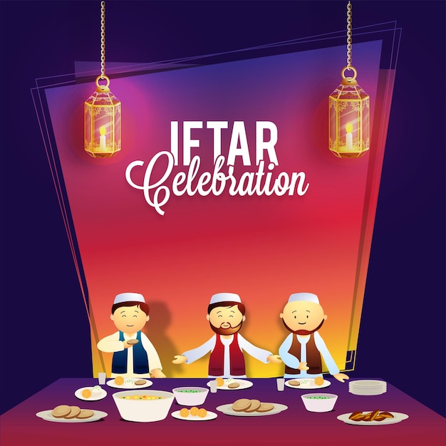 Tarjeta de invitación Ramadan Kareem Iftar Party con ilustración de hombres musulmanes disfrutando de comida deliciosa