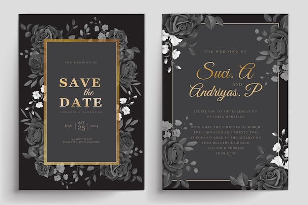 tarjeta de invitación de rosas negras dibujadas a mano
