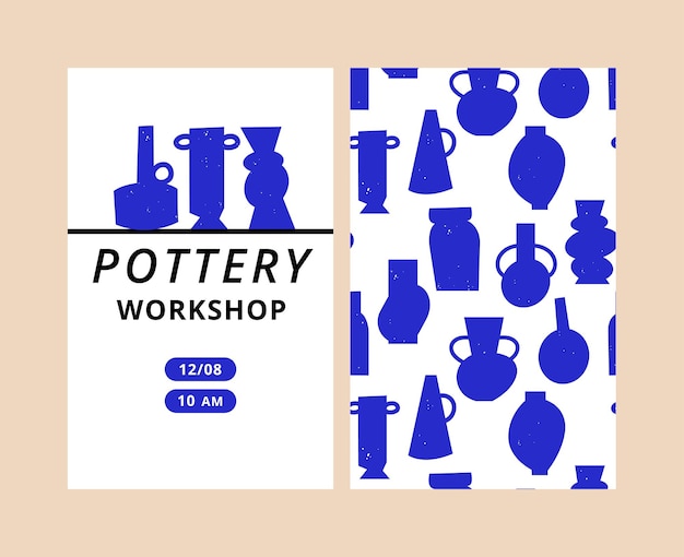 Tarjeta de invitación vectorial para taller con jarrones de arcilla con diferentes formas y formas Cerámica geométrica de color azul oscuro Cerámica hecha a mano