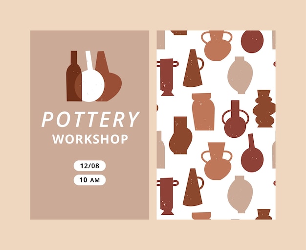 Tarjeta de invitación vectorial para taller con jarrones de arcilla con diferentes formas y formas cerámica geométrica de color tierra cerámica hecha a mano