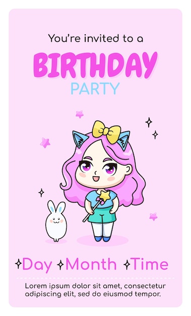 Tarjeta de invitación vertical de feliz cumpleaños con dibujos animados kawaii anime girl y conejo. Arte vectorial.