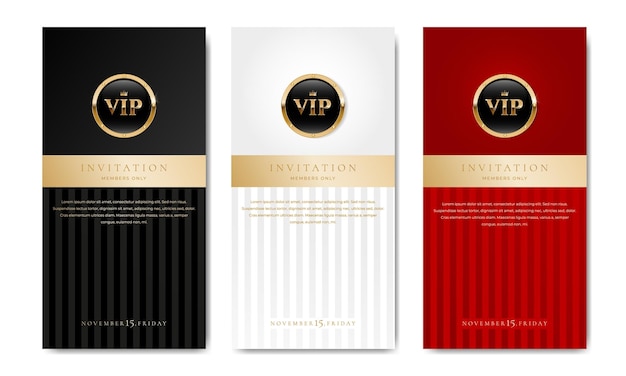 Tarjeta de invitación VIP con elementos dorados en fondo blanco negro y rojo Conjunto de diseño premium de lujo