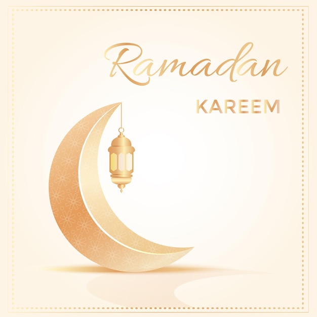 Tarjeta islámica con linterna dorada colgada y media luna dorada para la fiesta musulmana del mes de Ramadán