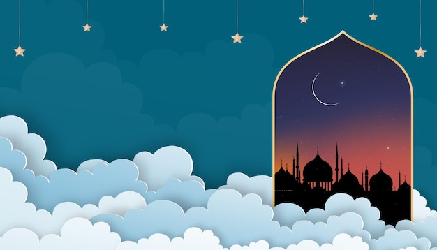 Vector tarjeta islámica con silueta cúpula mezquitasluna creciente naranja cielovector cloudscape capa 3d corte de papelbanner de fondo del cielo para la religión islámicaeid aladha eid mubarakeid al fitrramadan kareem