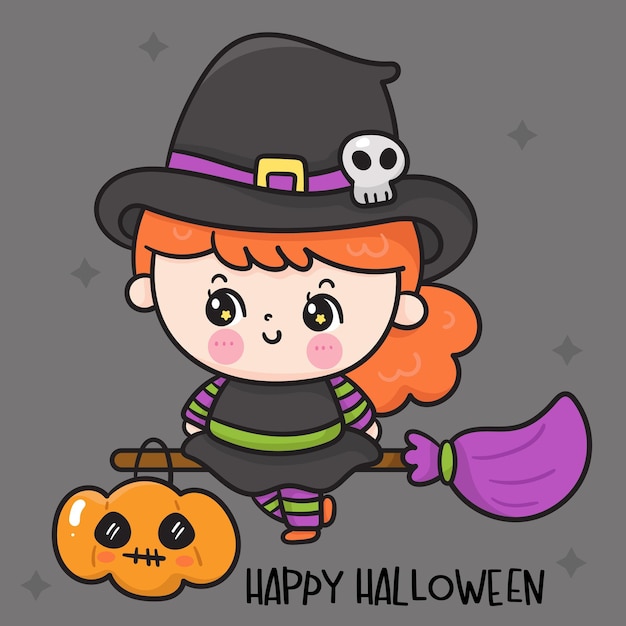 Vector tarjeta kawaii de escoba de bruja de paseo de niña de halloween