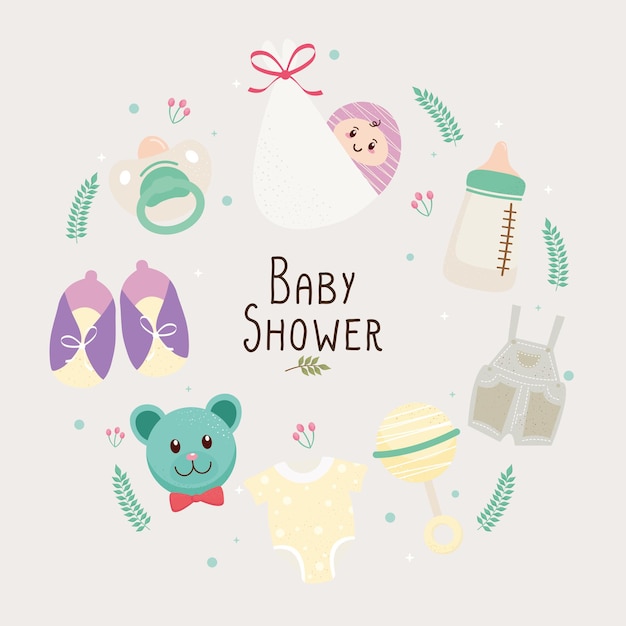 Tarjeta de letras de baby shower con iconos de conjunto alrededor de la ilustración