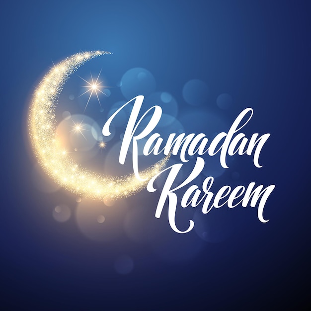 Vector tarjeta de letras de felicitación de ramadán kareem con luna y estrellas.