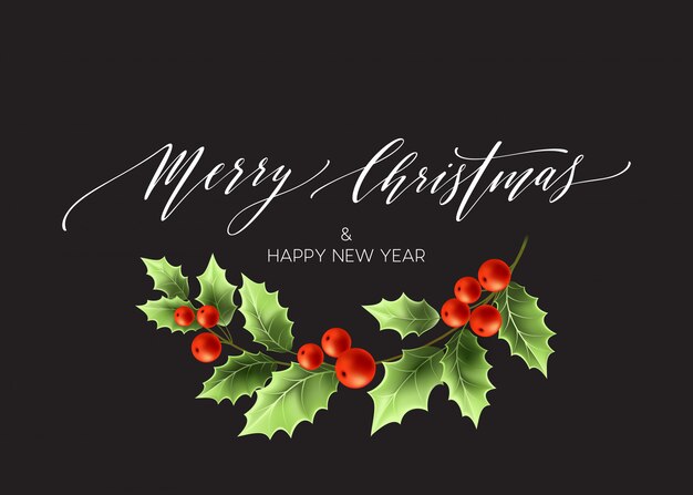 Tarjeta de letras feliz Navidad con acebo