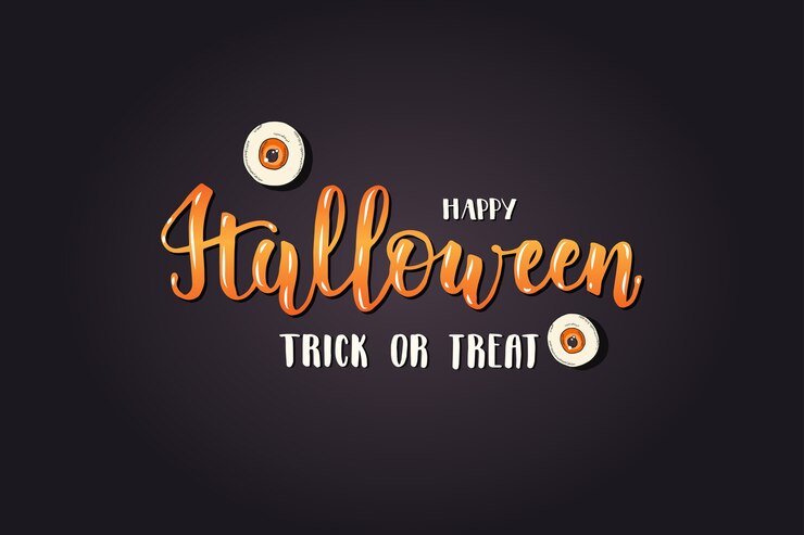Vector tarjeta de letras de halloween - "feliz halloween. truco o trato". texto para banner, flyer, folleto.
