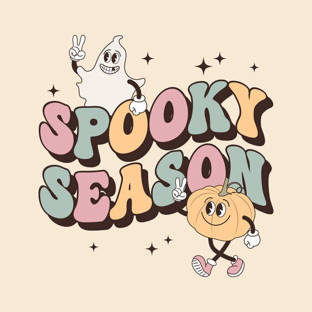 Tarjeta de letras maravillosas para halloween Caligrafía de temporada espeluznante y personajes de fantasmas y calabazas