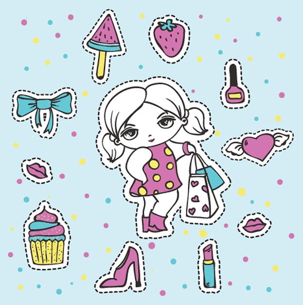 Tarjeta con linda chica de moda con paquetes y letras dibujadas a mano Me encanta ir de compras Ilustración vectorial