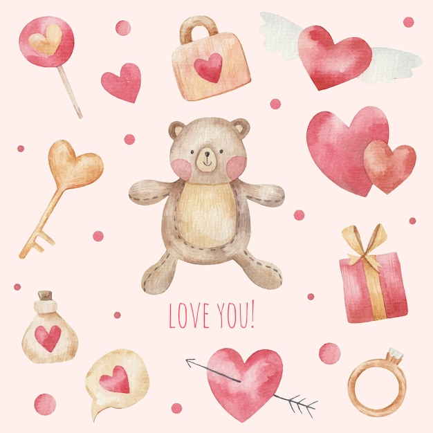 Tarjeta linda para el día de San Valentín, conjunto de elementos, lindo oso de peluche, corazones, ilustración sobre fondo blanco.