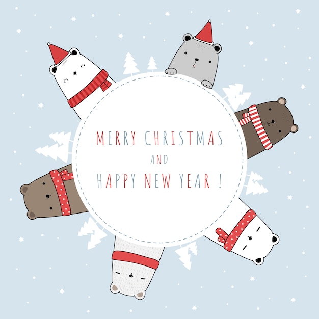 Tarjeta linda del doodle de la historieta del saludo de la familia del oso polar de peluche feliz navidad y feliz año nuevo