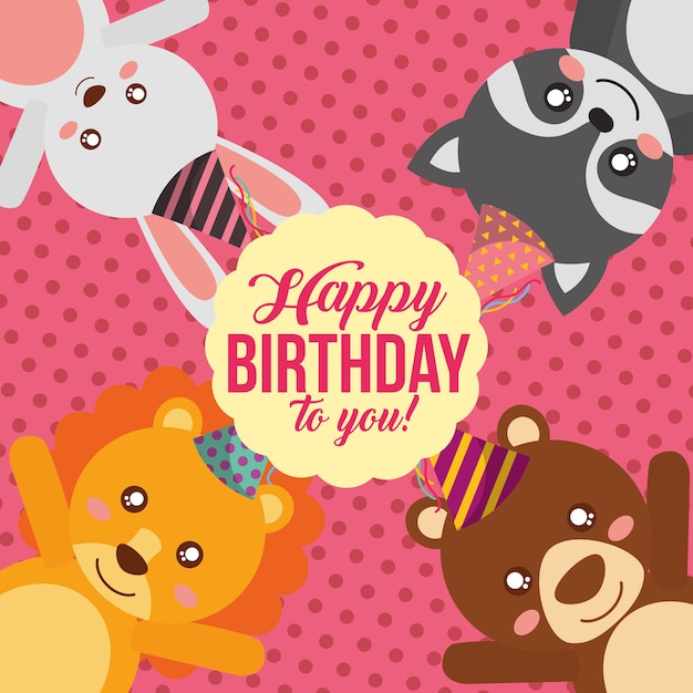 tarjeta linda del feliz cumpleaños con el león y el oso del mapache del conejito