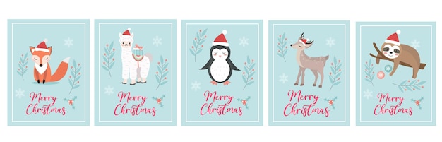 Tarjeta linda feliz navidad con animales lindos en sombrero de santa. Plantilla de año nuevo de vacaciones de invierno para su diseño. Ilustración vectorial.