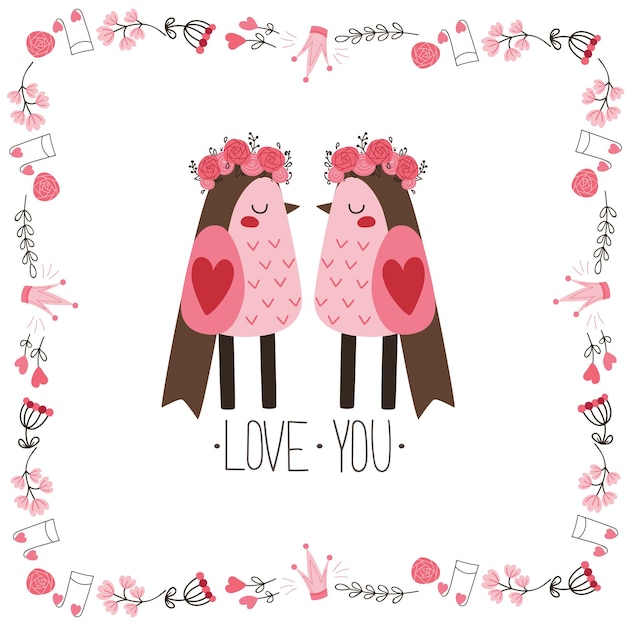 Tarjeta linda con un par de pájaros y un marco de borde sobre un tema de amor romántico. Ilustración de vector para el día de San Valentín en estilo plano de moda para impresión o uso digital.