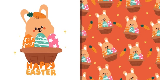 tarjeta linda y patrón para las vacaciones de Pascua tarjeta temática de Pascua y patrón con huevos de conejo y zanahoria
