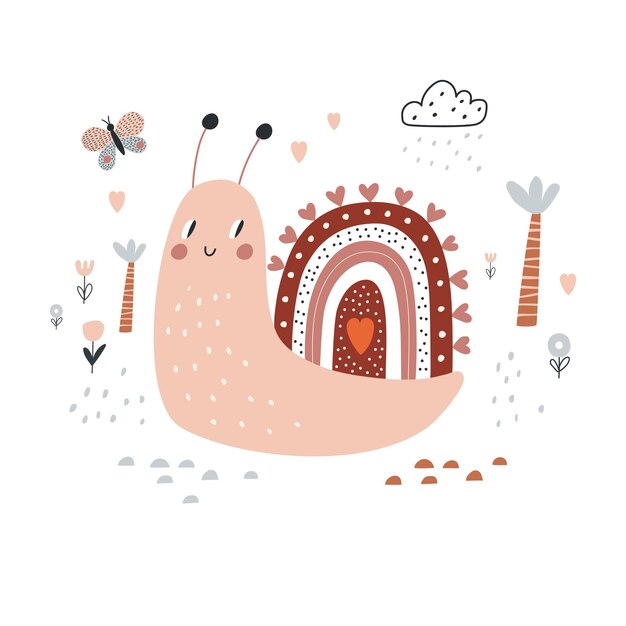 Tarjeta con un lindo caracol kids print ilustración vectorial