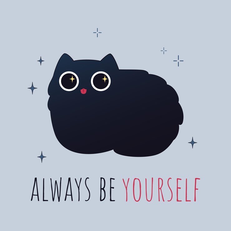 Tarjeta con un lindo gato negro y un mensaje Siempre sé tú mismo