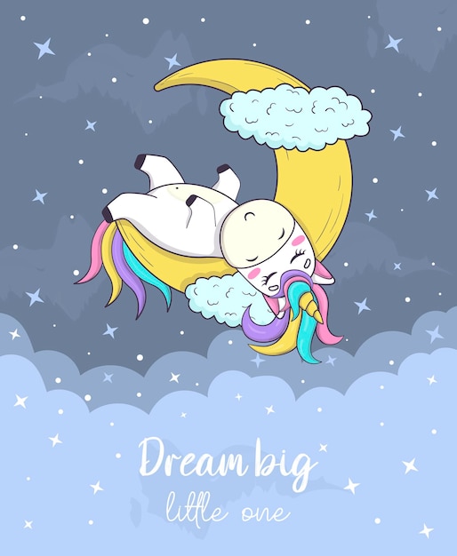 Tarjeta con lindo unicornio kawaii con melena de arco iris y cuerno en estilo anime