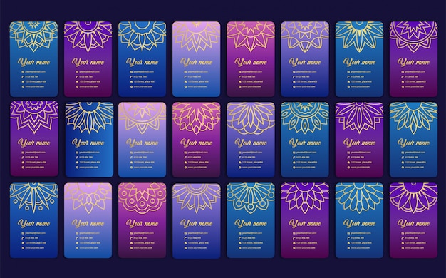Vector tarjeta de lujo con mandala. tarjeta de visita arabesca en color morado moderno
