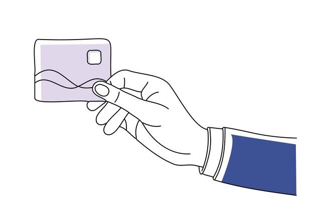 Tarjeta en la mano dibujado en línea plana ilustración vectorial de arte en fondo blanco