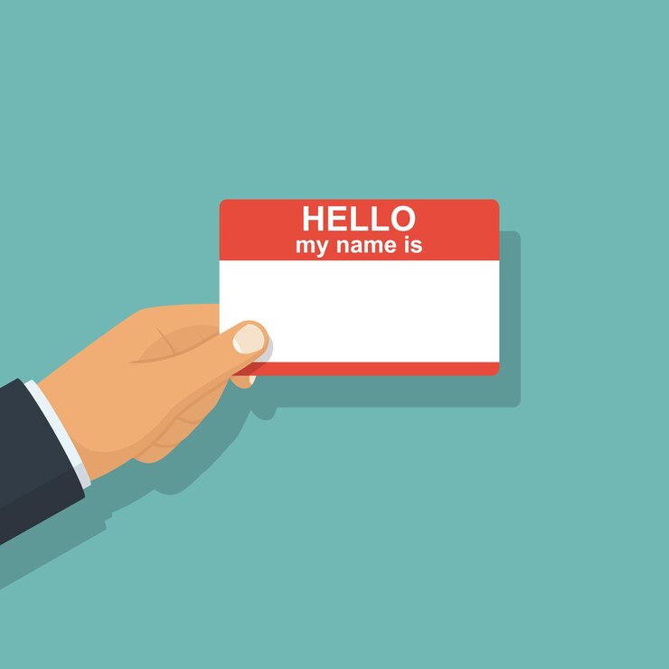 Vector tarjeta en mano hola, mi nombre es plantilla para presentación tarjeta de identificación personal sostenga en mano hombre de negocios diseño plano de ilustración vectorial aislado sobre fondo blanco texto en blanco