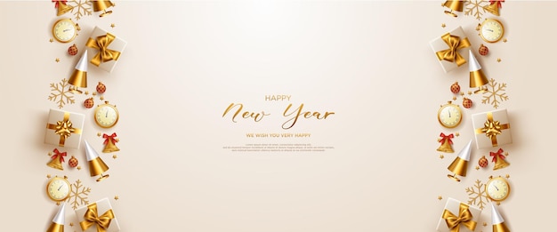 Tarjeta de marco de año nuevo con decoración realista de año nuevo.