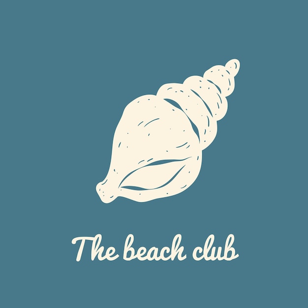Tarjeta marina con concha de mar sobre fondo azul en estilo retro plantilla con texto El club de playa