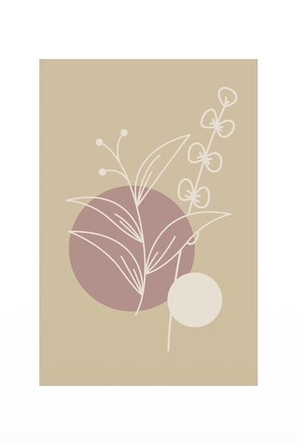 Vector una tarjeta marrón y beige con una planta y una flor blanca.