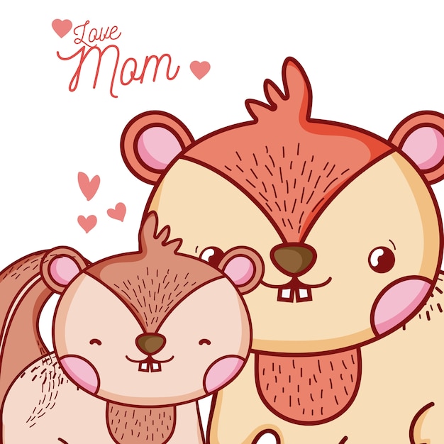 Vector tarjeta de mensaje de madres con dibujos animados de animales