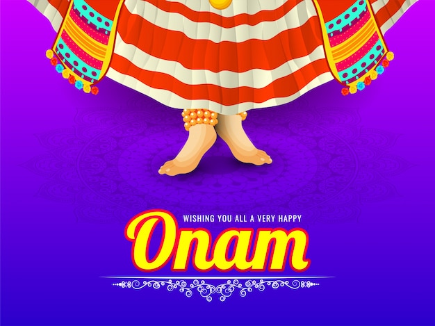 Tarjeta de mensaje onam festival o diseño de póster con ilustración de kathakali o bailarina clásica sobre fondo de flores.
