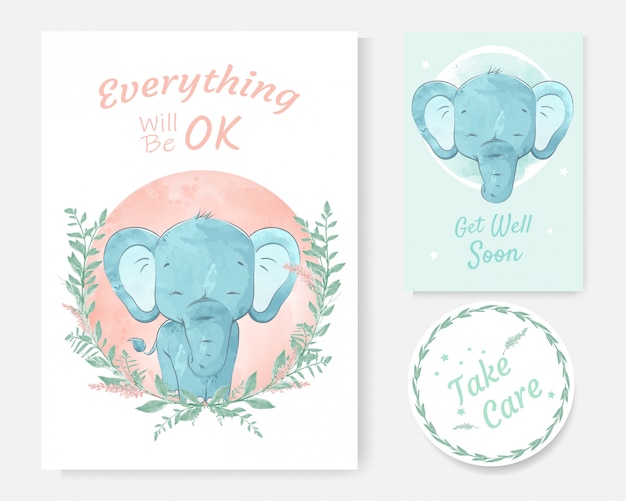 Vector una tarjeta de mensaje positivo con acuarela de dibujado a mano de dibujos animados lindo elefante