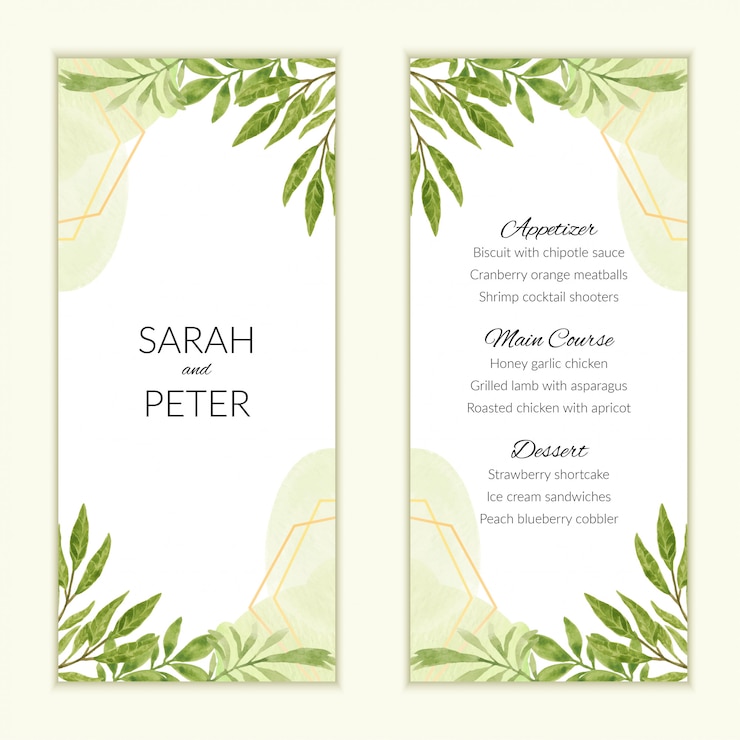 Vector tarjeta de menú de boda acuarela con decoración de follaje verde