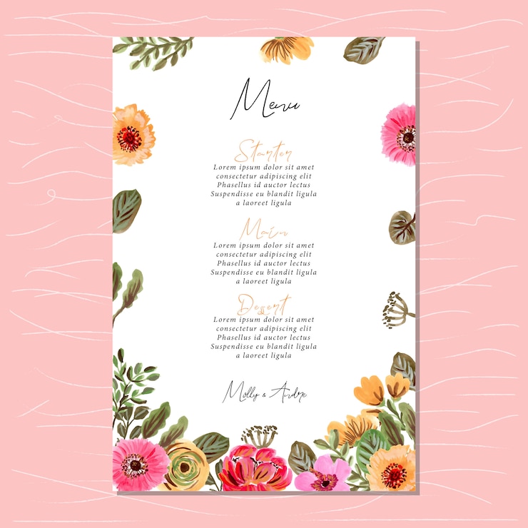 Vector tarjeta de menú de boda con marco de pintura floral