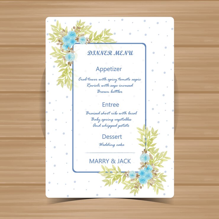Vector tarjeta de menú floral para la boda con hermosas rosas azules