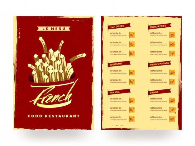 Tarjeta de menú de restaurante de comida francesa.