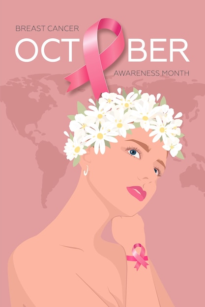 Vector tarjeta del mes mundial de concientización sobre el cáncer de mama con cinta rosa y mujeres en una corona de flores ilustración vectorial moderna
