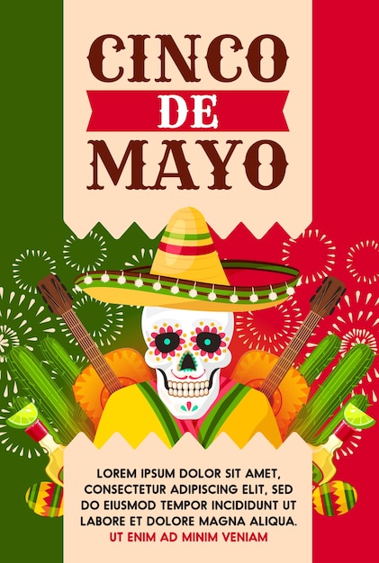 Vector tarjeta mexicana cinco de mayo con calavera en sombrero