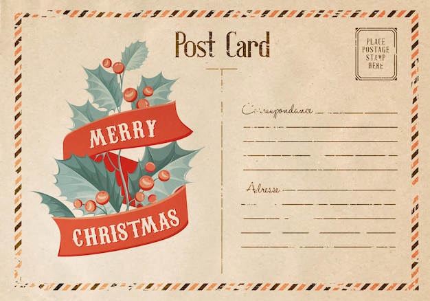 Tarjeta de muérdago de Navidad vintage con texto de cinta.