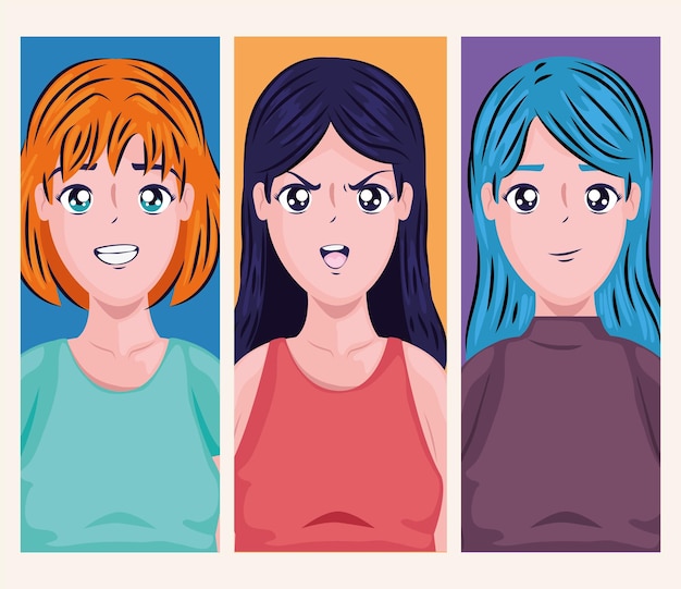 Vector tarjeta con mujeres anime en diferentes expresiones