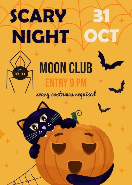 Tarjeta naranja de halloween con gato negro y calabaza tarjeta de invitación de fiesta nocturna de miedo cartel de noche de vacaciones de octubre fondo temático vertical con murciélago