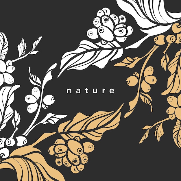 Tarjeta de naturaleza art deco Rama realista de hojas de cafeto dorado Ilustración botánica