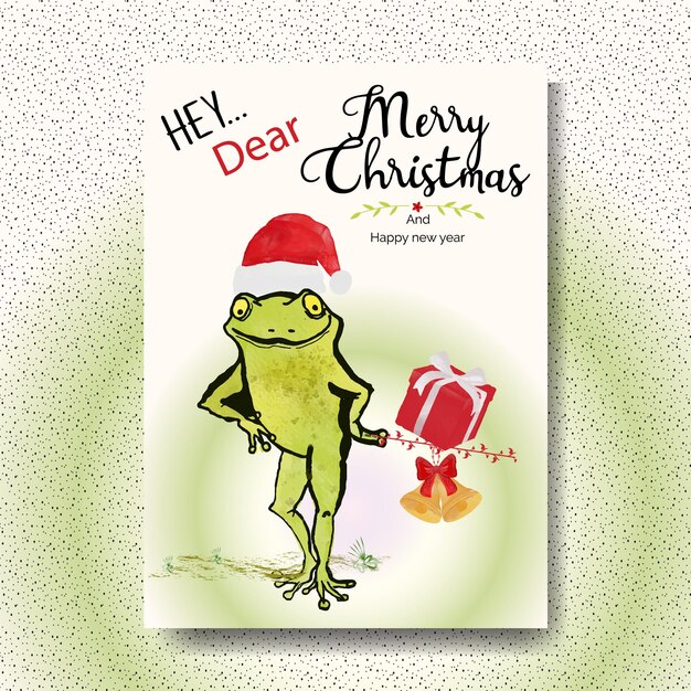 Tarjeta de Navidad con acuarela Funny Frog, gorro de Navidad, caja de regalo y campana