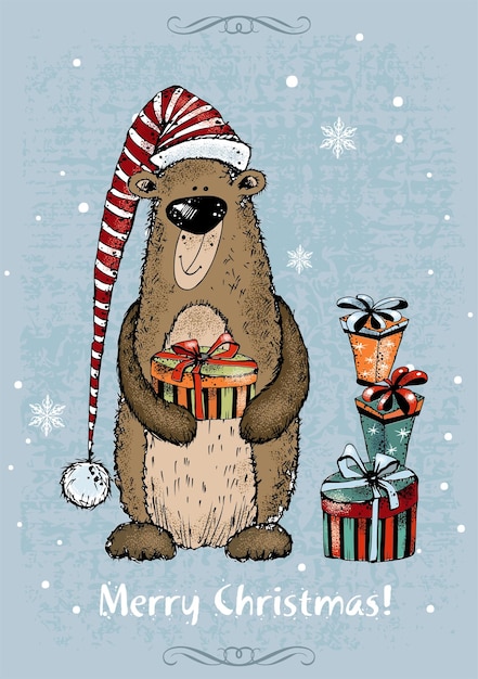 Una tarjeta de navidad con un alegre osito de peluche con regalos. vector