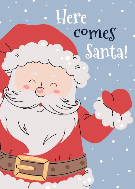 Tarjeta de Navidad con un alegre Papá Noel en traje rojo agitando la mano sobre un fondo azul nevado en estilo de dibujos animados plano Ilustración vectorial para invitaciones de pancartas de póster, etc.