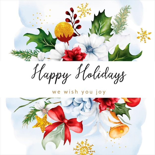 Tarjeta de Navidad y año nuevo con acuarela de flores y hojas navideñas.