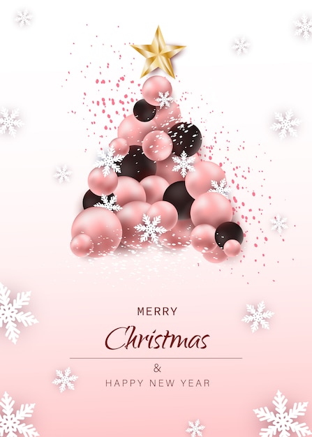 Tarjeta de navidad y año nuevo. Árbol de Navidad de lujo hecho de elementos festivos como bolas de Navidad sobre fondo rosa.