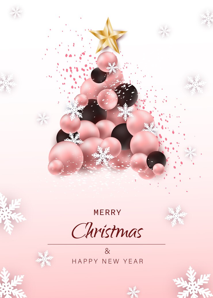 Tarjeta de navidad y año nuevo. Árbol de Navidad de lujo hecho de elementos festivos como bolas de Navidad sobre fondo rosa.
